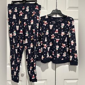 2 Pc Xmas 🎄 Polar Bear Pajama Set ⭐️ Navy Background - & Navy Ribbing Trim